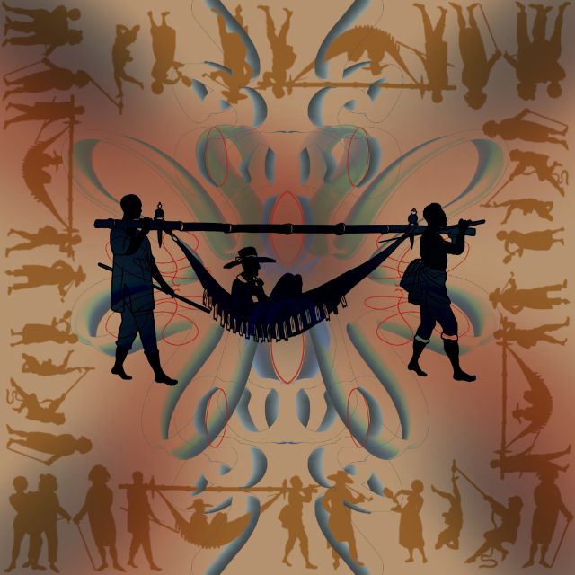 Illustration Schwarz-Weiss: Zwei Sklaven tragen einen Stock, woran eine Hängematte hängt.