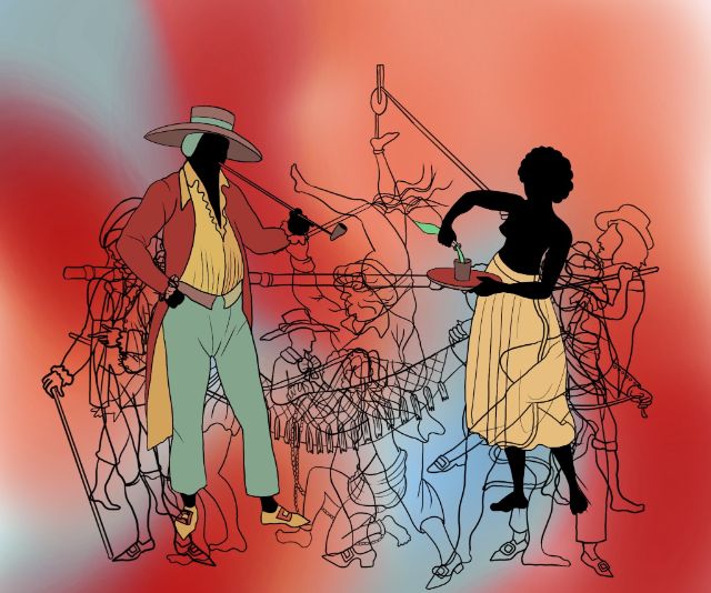 Illustration von schemenhaften Figuren im Vordergrund, eine versklavte Frau und ein machtvoller Mann