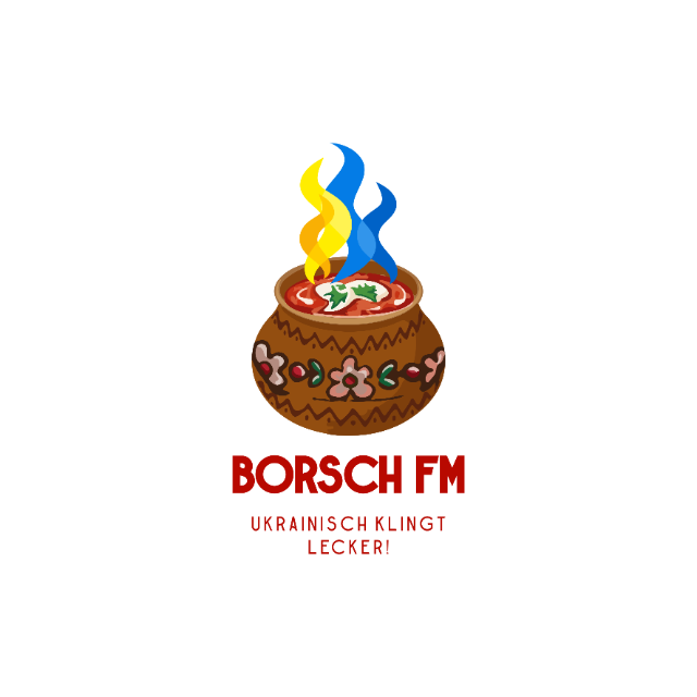 Das Logo von Borsch FM zeigt einen Topf aus dem heisser Dampf in den ukrainischen Farben aufsteigt.
